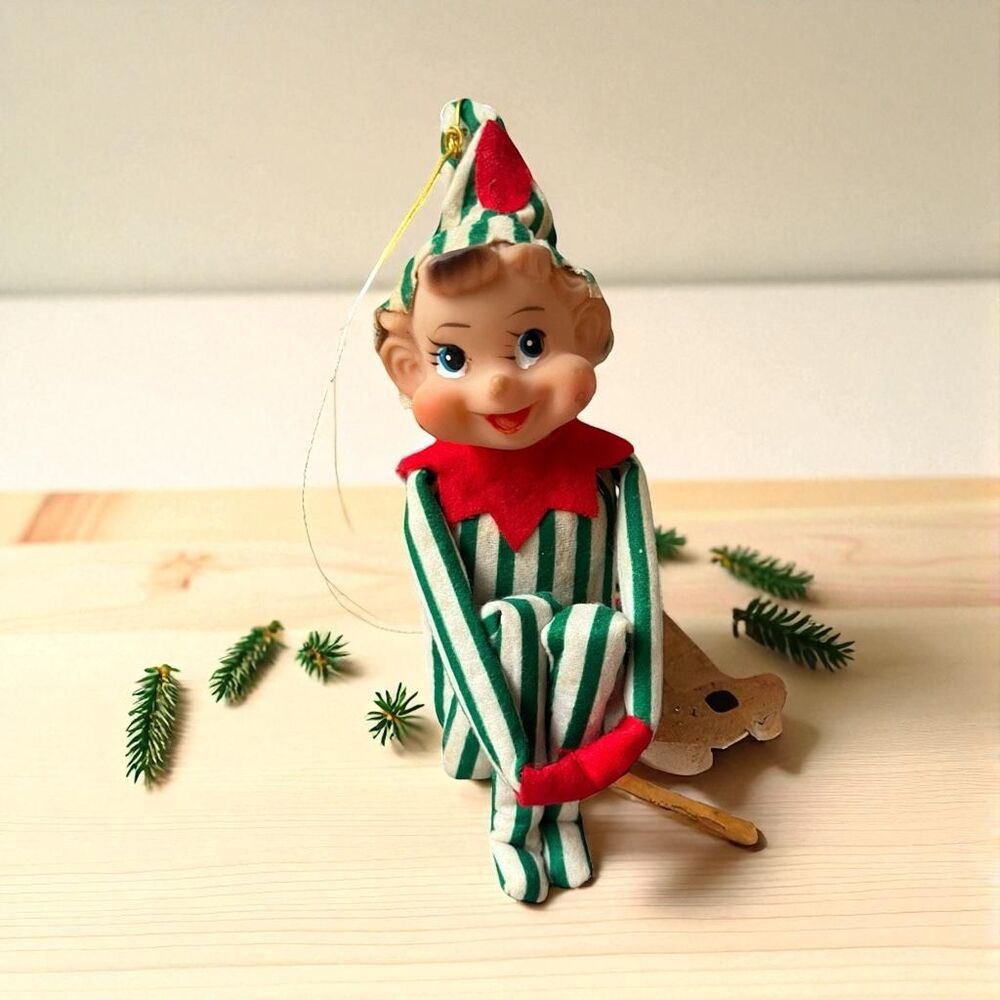 Vintage Knee-Hugger Elf on a shelf Green White Striped Christmas Ornament Japan